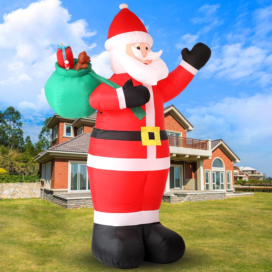 12FT Giant Christmas Inflatables LED Lighted Blow Up Santa Claus with Rotating Lights V79609