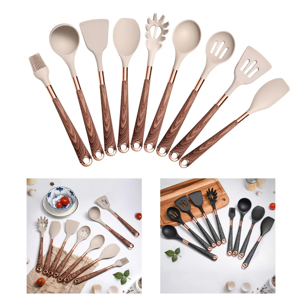 9pcs Silicone Kitchen Utensils Set with Brown Handle Q8771