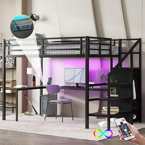 Full Size Black Metal Loft Bed with Desk and Wardrobe U342059