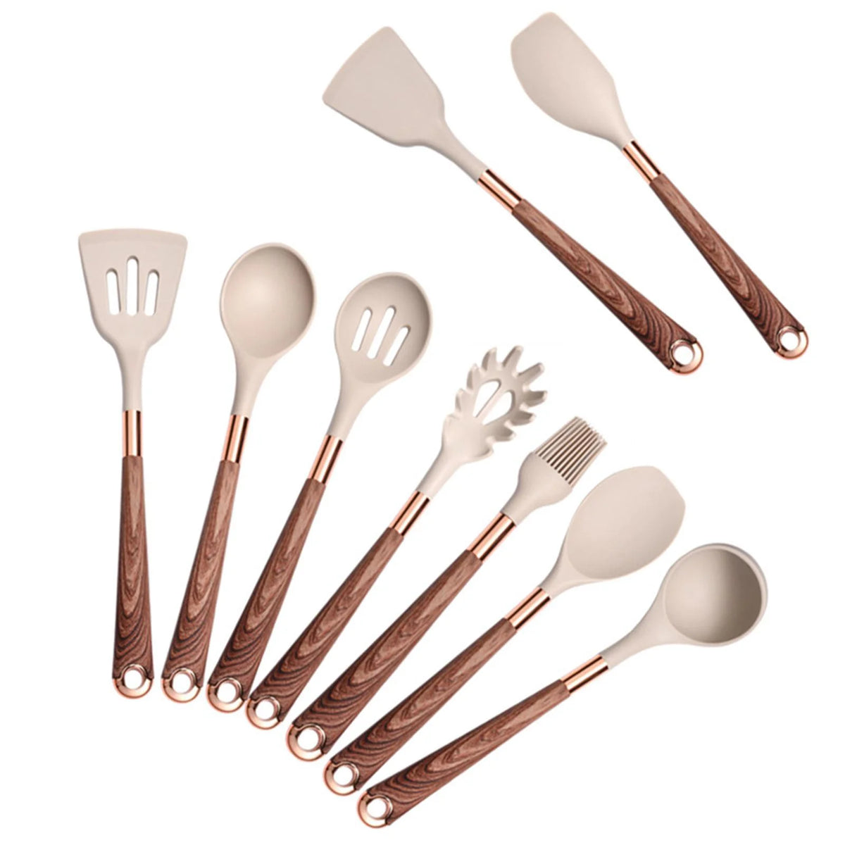 9pcs Silicone Kitchen Utensils Set with Brown Handle Q8771