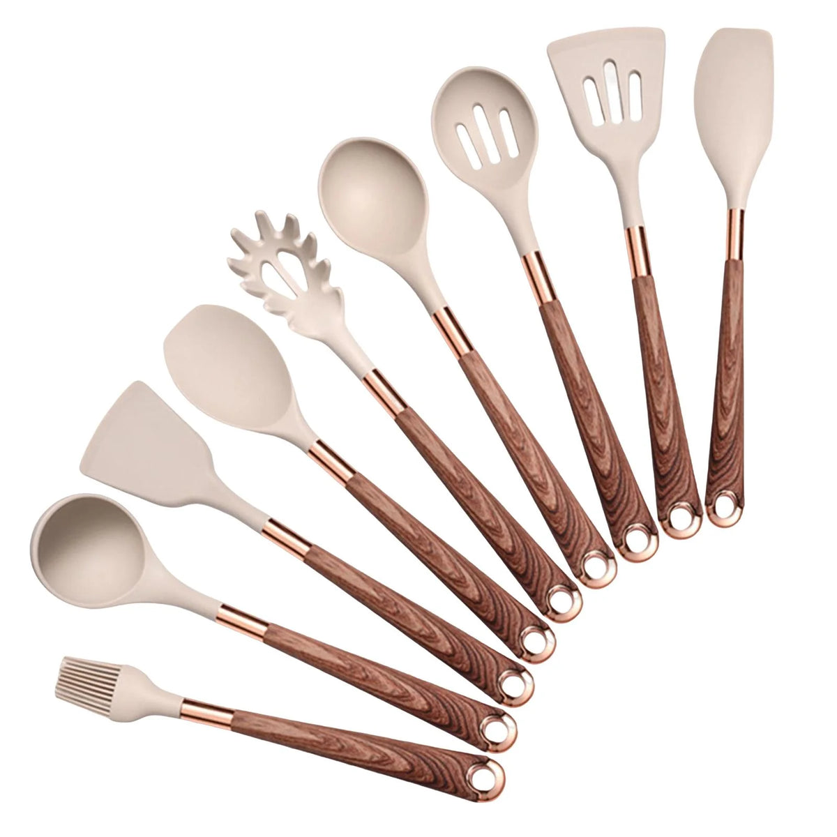 9pcs Silicone Kitchen Utensils Set with Brown Handle Q8771