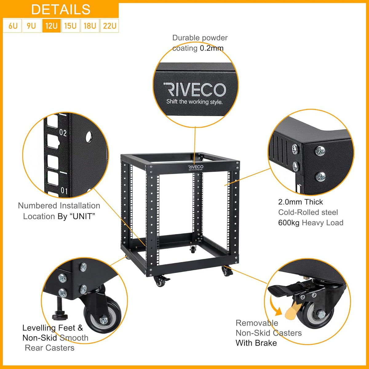 12U Open Frame 19-inch Server Rack with Casters M166086