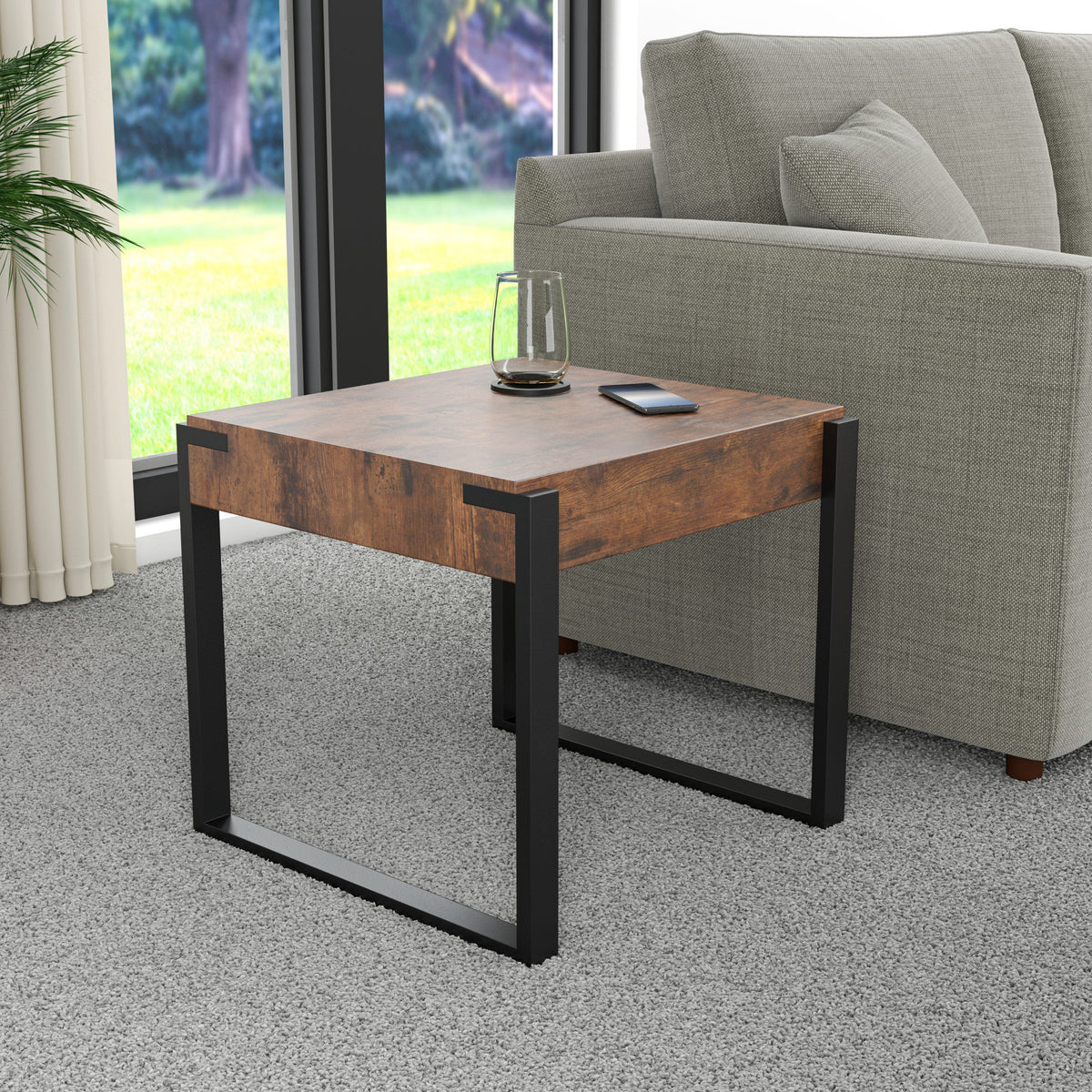 Dark Rustic Wood Black Metal Legs Side Table W550