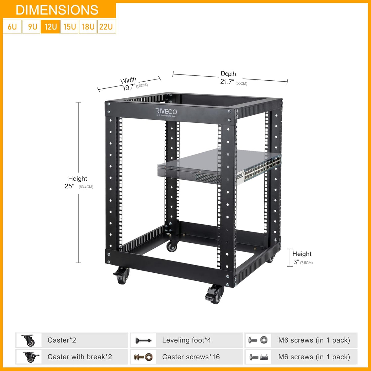 12U Open Frame 19-inch Server Rack with Casters M166086