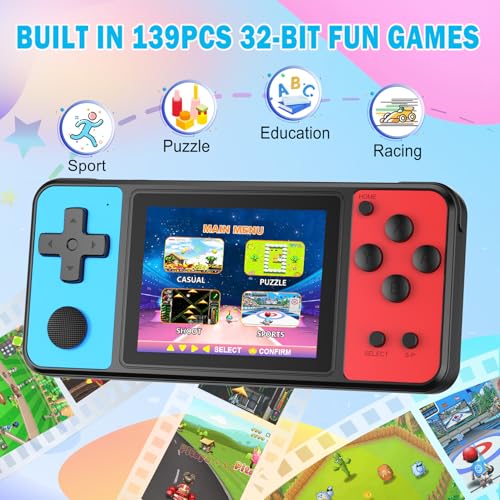 32 Bit Kids Handheld Games Preloaded 139 Video Games Portable Electronic Toys with 3.0" IPS Screen Rechargeable Battery (Blue-Red) J47408