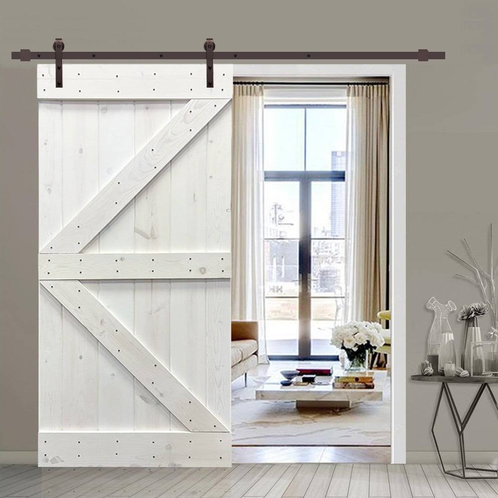 White Stained Wood Sliding Barn Door with Hardware Kit X7778