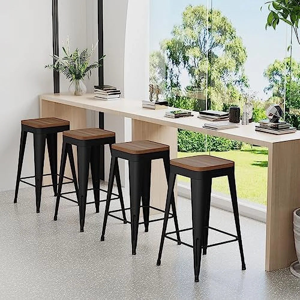 Set of 4 Metal Counter Height Stools with Back and Wooden Seat Y871