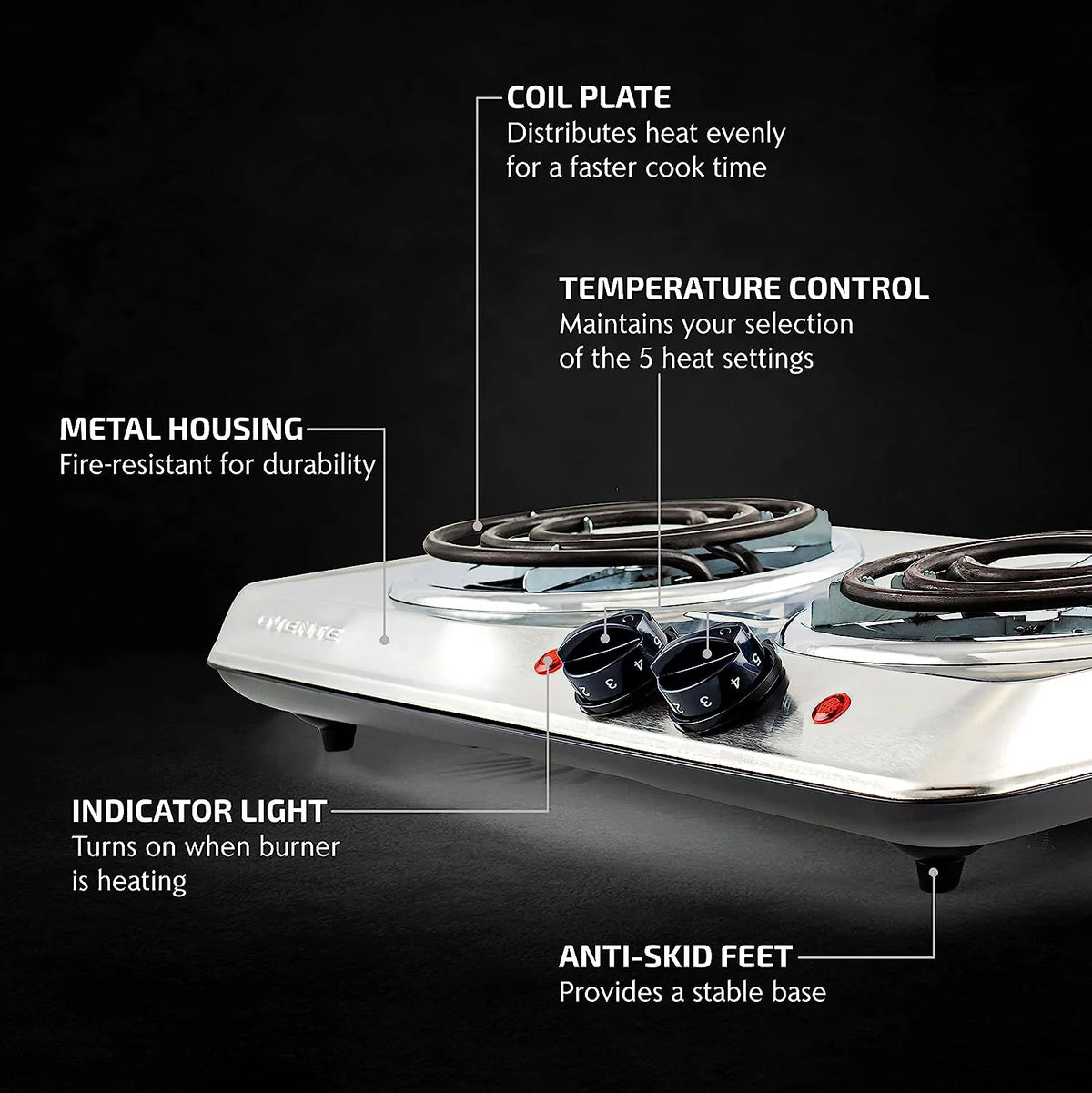 Silver Electric Countertop Double Burner with Stainless Steel Coil Hot Plates M6020
