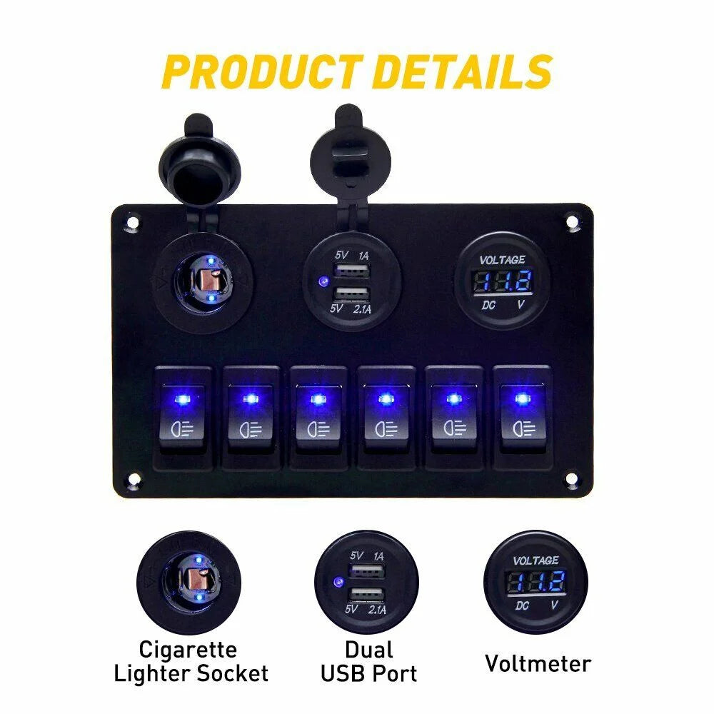 6 Gang Blue LED Rocker Switch Panel G375031