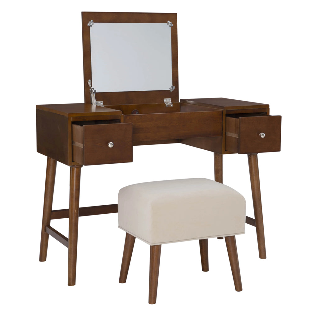 Walnut Finish 2-Piece Vanity Set with Flip-Top Mirror and Bench V17382