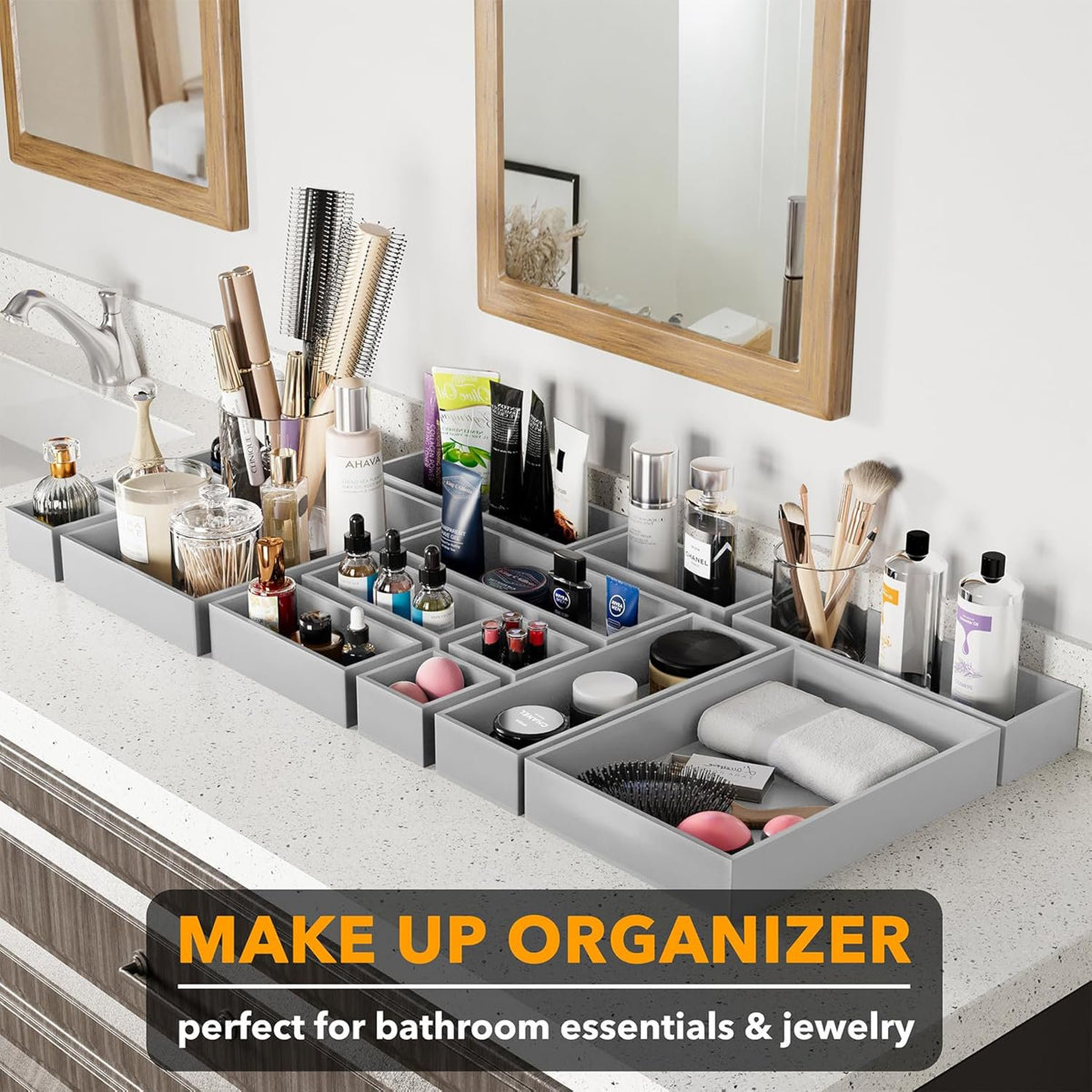14-Piece Bamboo Drawer Organizer Storage Boxes Set L4889