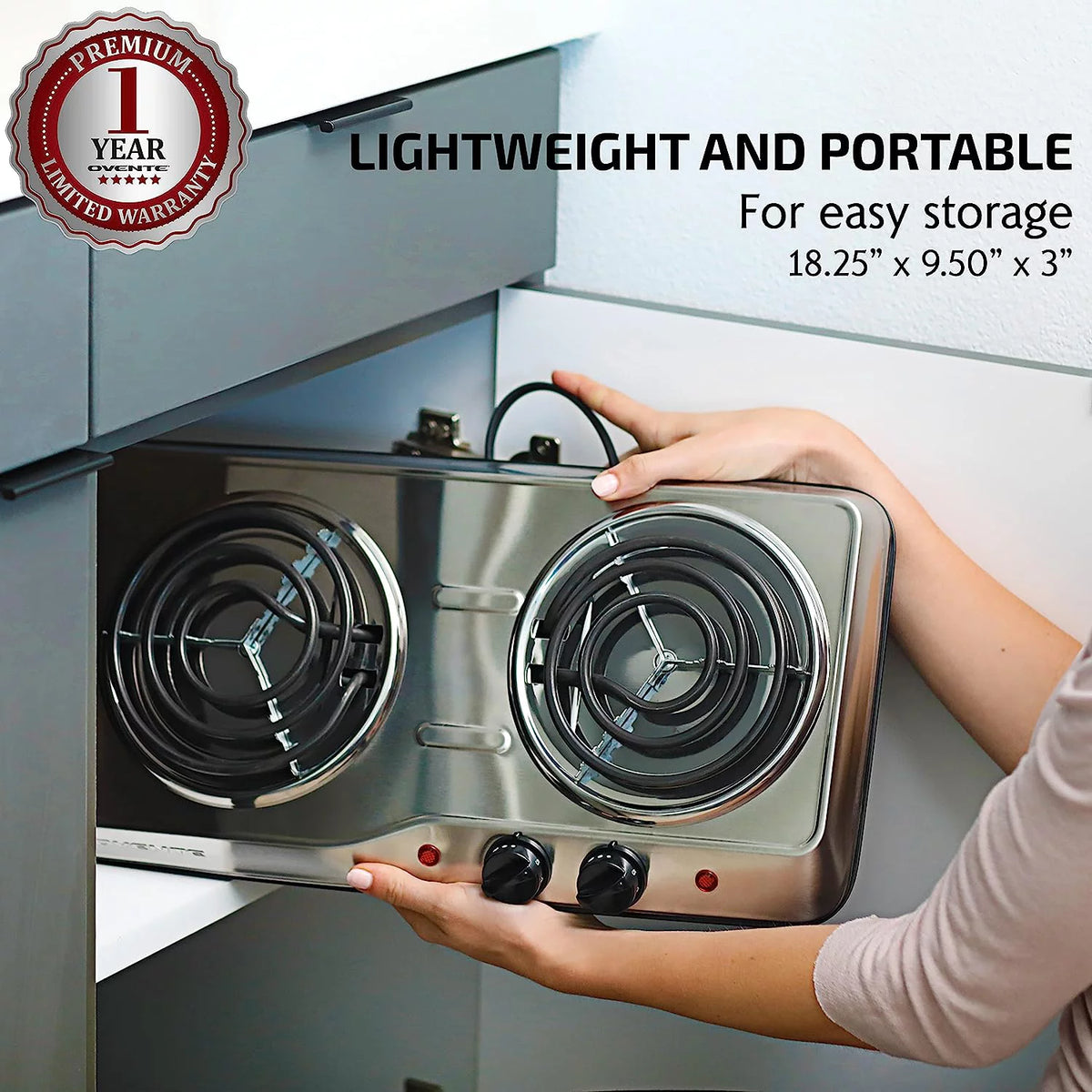 Silver Electric Countertop Double Burner with Stainless Steel Coil Hot Plates M6020