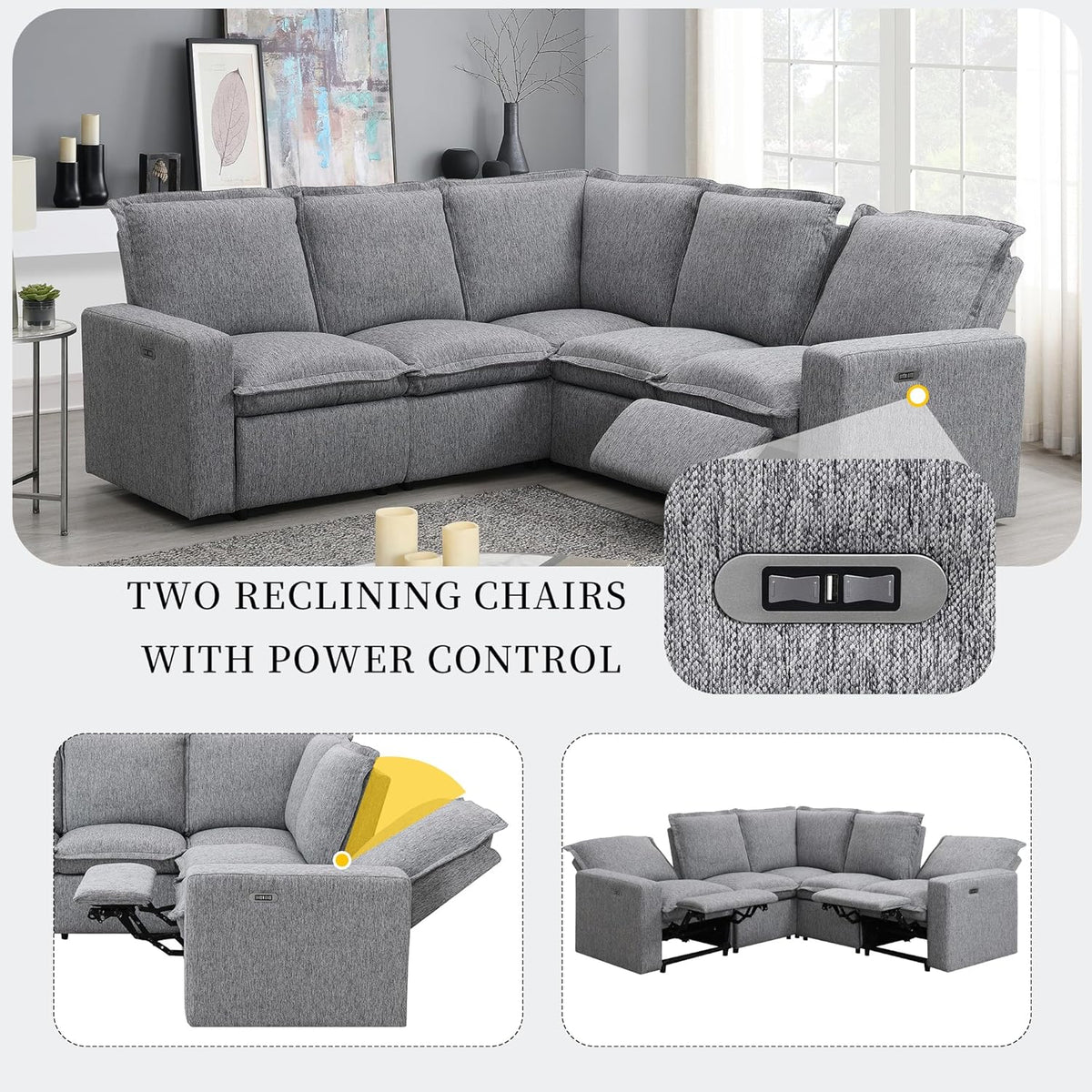 Modular Sectional Sofa with Power Recliner and USB Port N7010