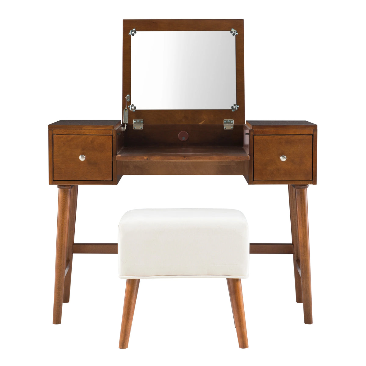 Walnut Finish 2-Piece Vanity Set with Flip-Top Mirror and Bench V17382