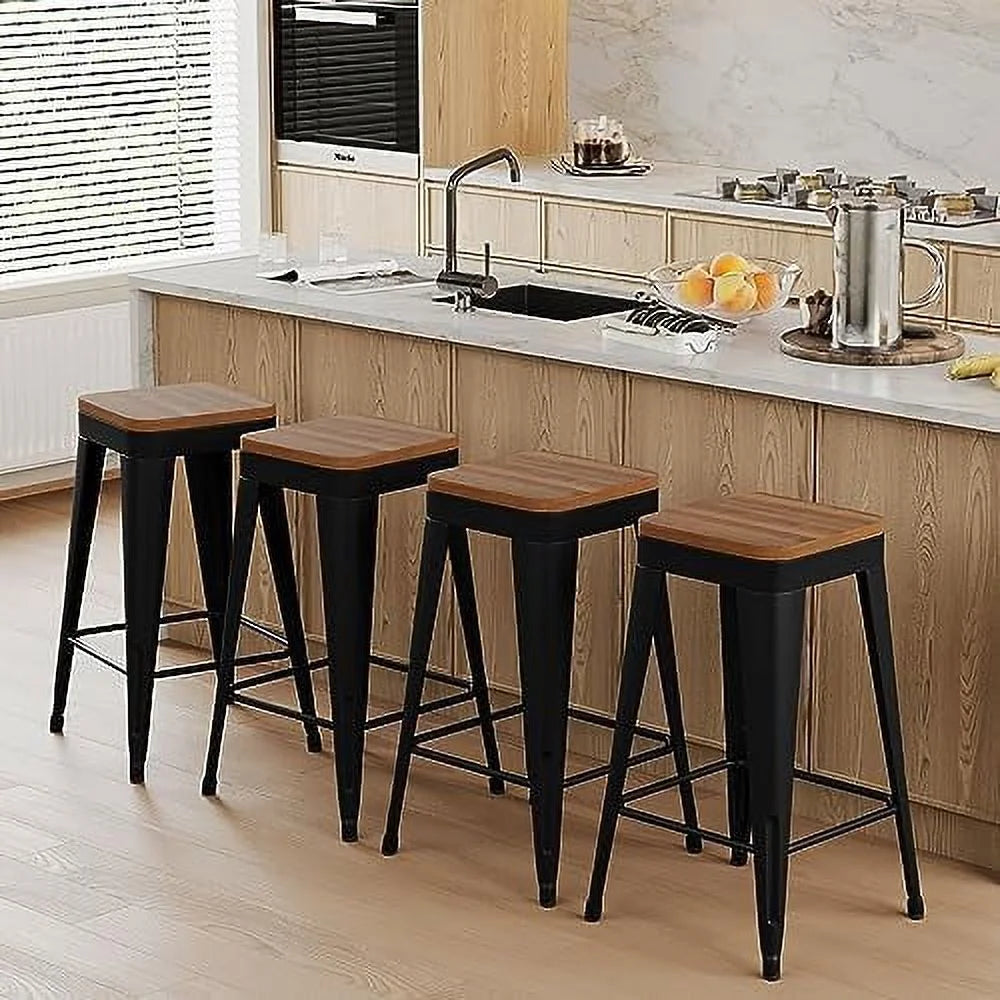 Set of 4 Metal Counter Height Stools with Back and Wooden Seat Y871