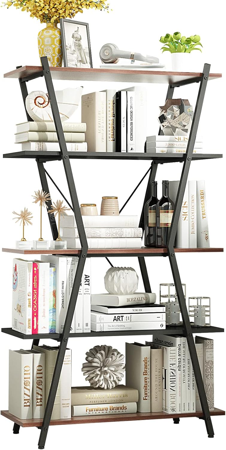 5 Tier White Wood and Metal Bookshelf W8147