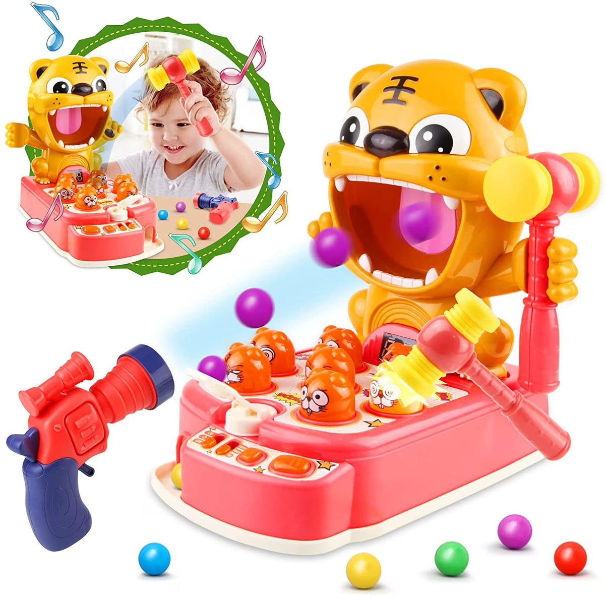 Pink Whack A Tiger Mole Game with 2 Soft Hammers M54563