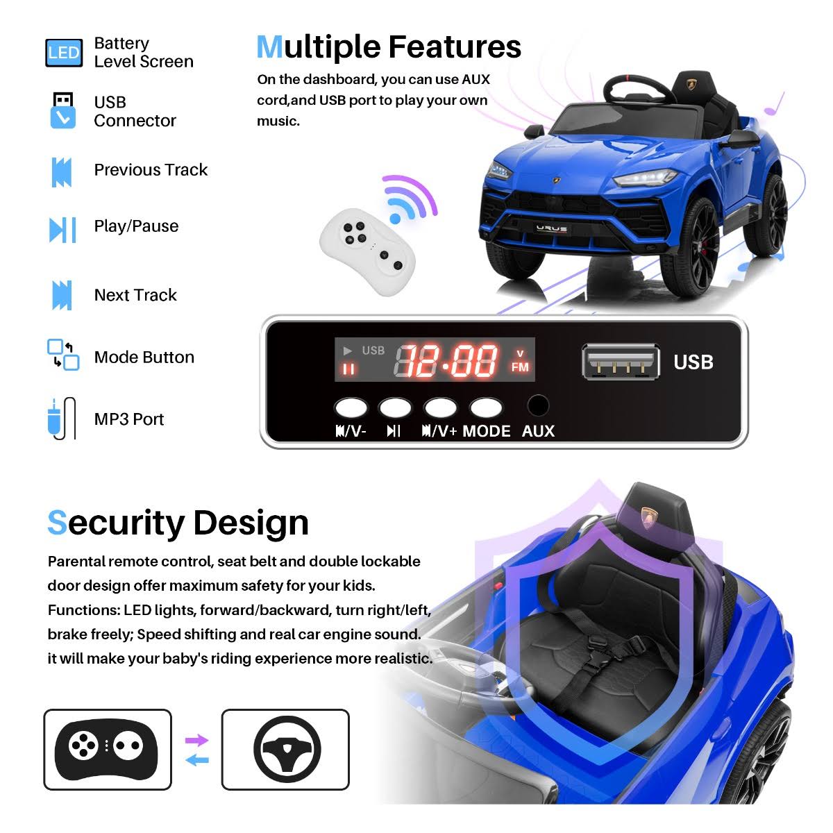 12V 7Ah Licensed Lamborghini Urus Kids Ride on Car Electric Vehicle with Remote Control D170485
