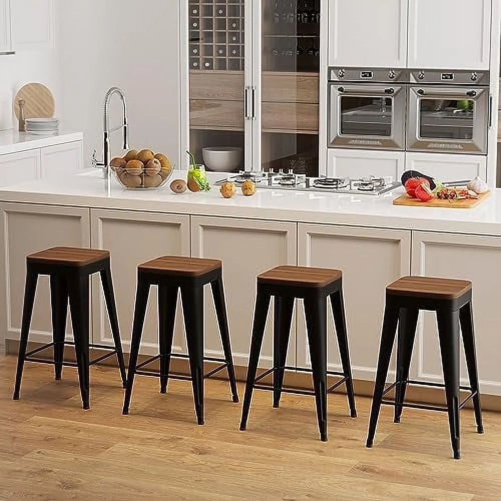 Set of 4 Metal Counter Height Stools with Back and Wooden Seat Y871