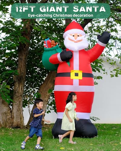 12FT Giant Christmas Inflatables LED Lighted Blow Up Santa Claus with Rotating Lights V79609