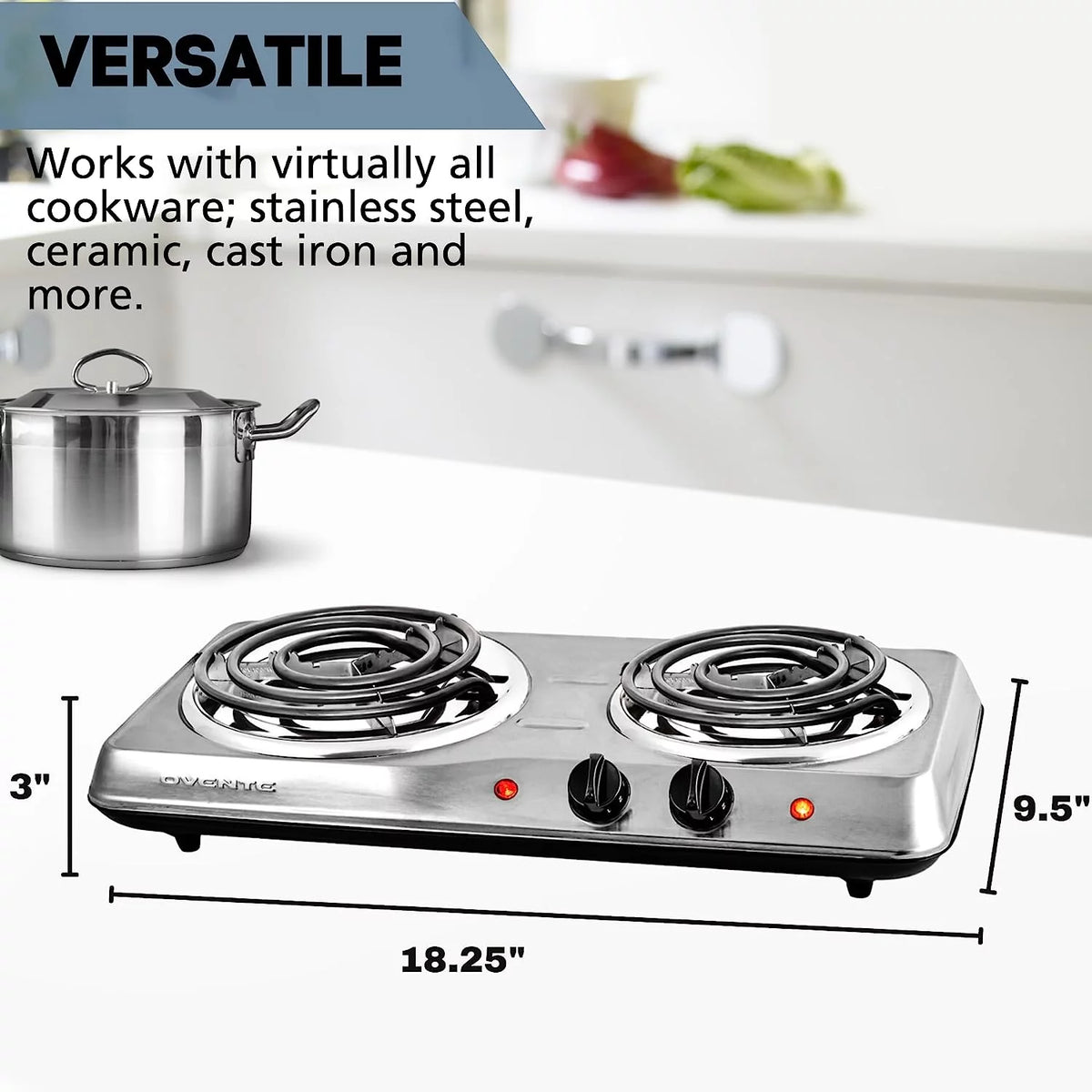 Silver Electric Countertop Double Burner with Stainless Steel Coil Hot Plates M6020