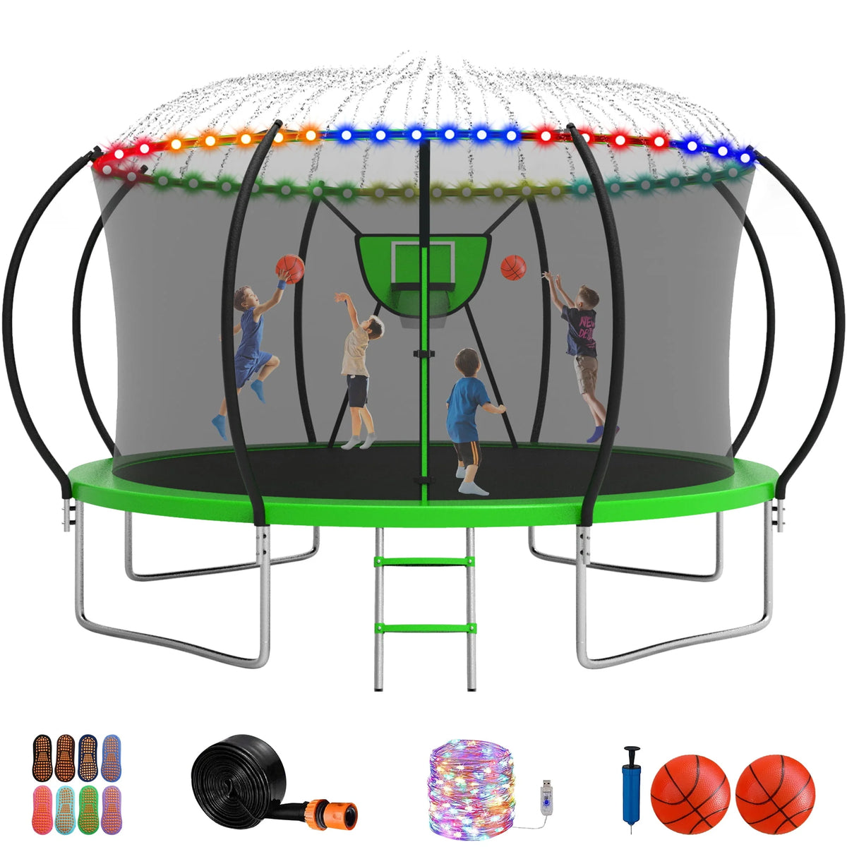 12FT 14FT Trampoline with Enclosure, Basketball Hoop, LED Light and Sprinkler U439