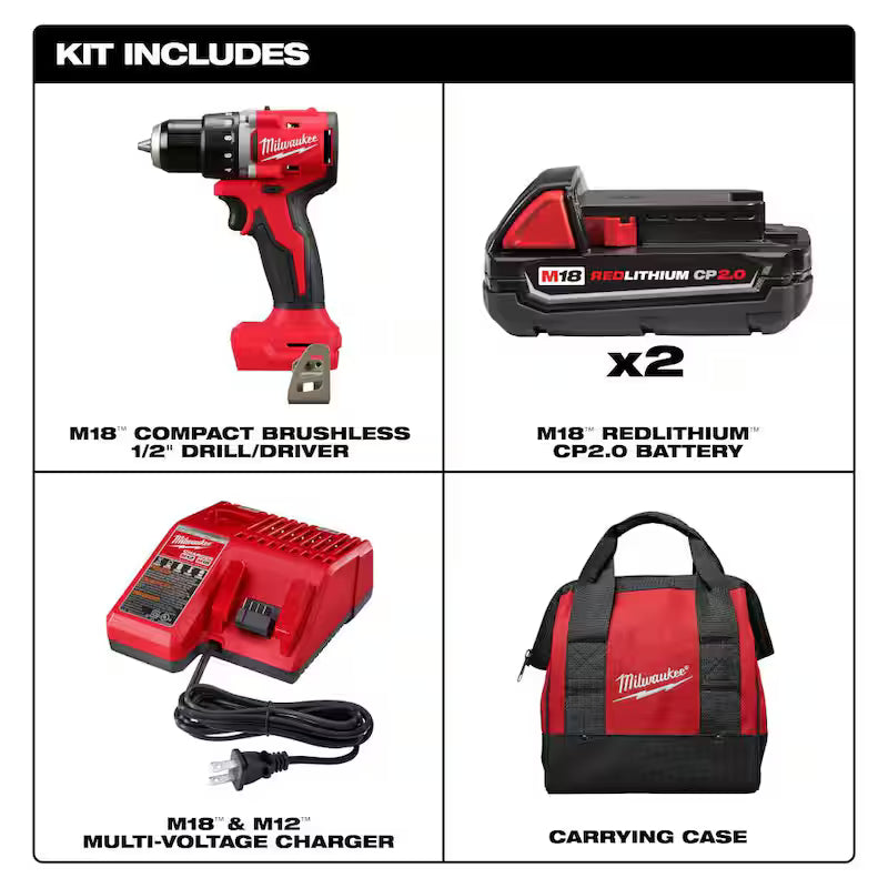 18V Brushless Cordless 1/2 in. Compact Drill/Driver Kit with Two 2.0 Ah Batteries K10673