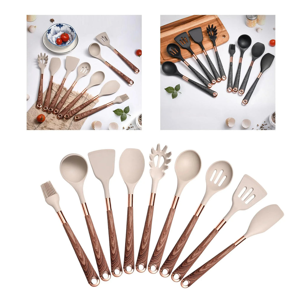 9pcs Silicone Kitchen Utensils Set with Brown Handle Q8771