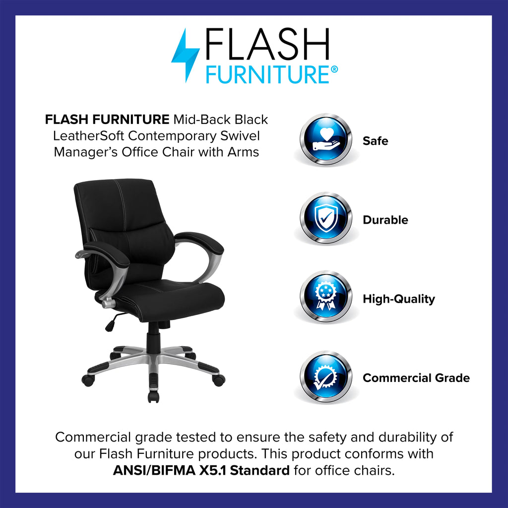Black LeatherSoft Mid-Back Swivel Office Chair with Arms T684
