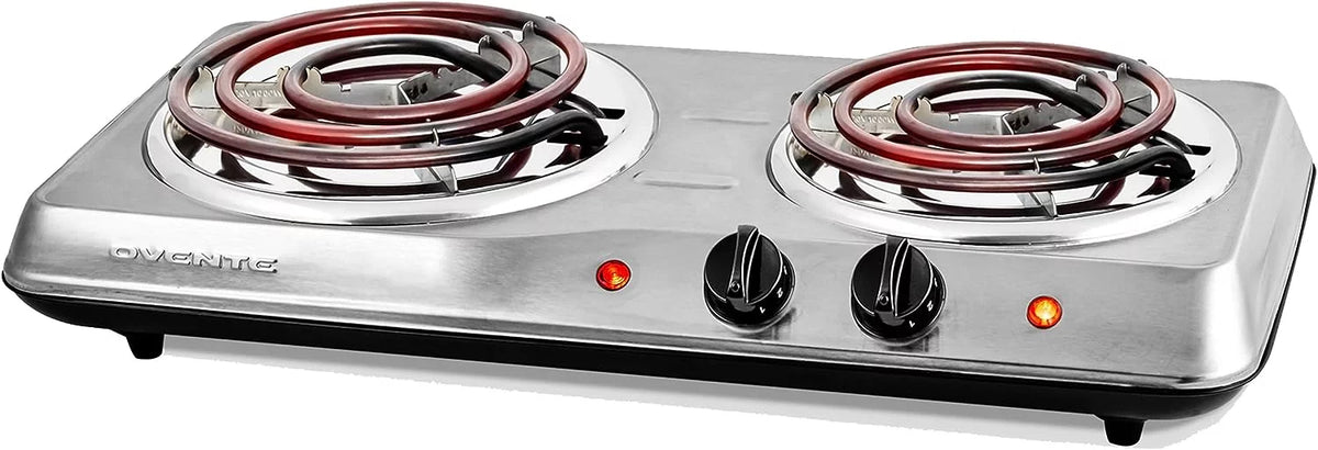 Silver Electric Countertop Double Burner with Stainless Steel Coil Hot Plates M6020