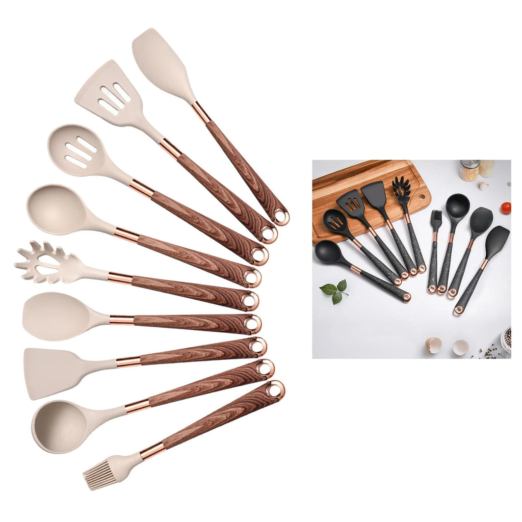 9pcs Silicone Kitchen Utensils Set with Brown Handle Q8771