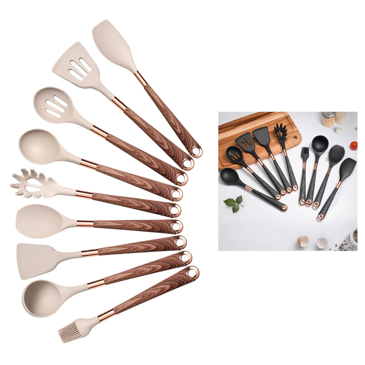 9pcs Silicone Kitchen Utensils Set with Brown Handle Q8771