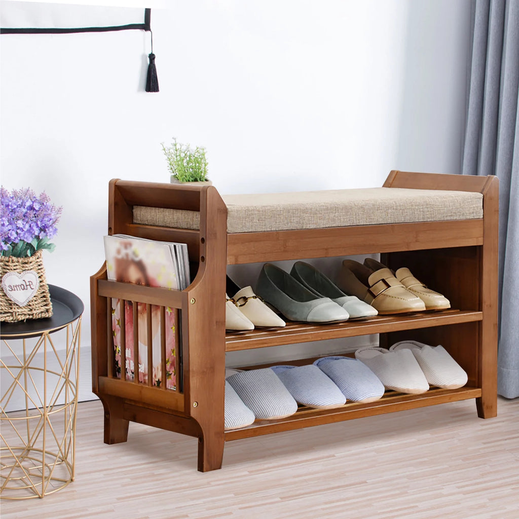 2 Tier Bamboo Shoe Rack Bench with Soft Seat U84604
