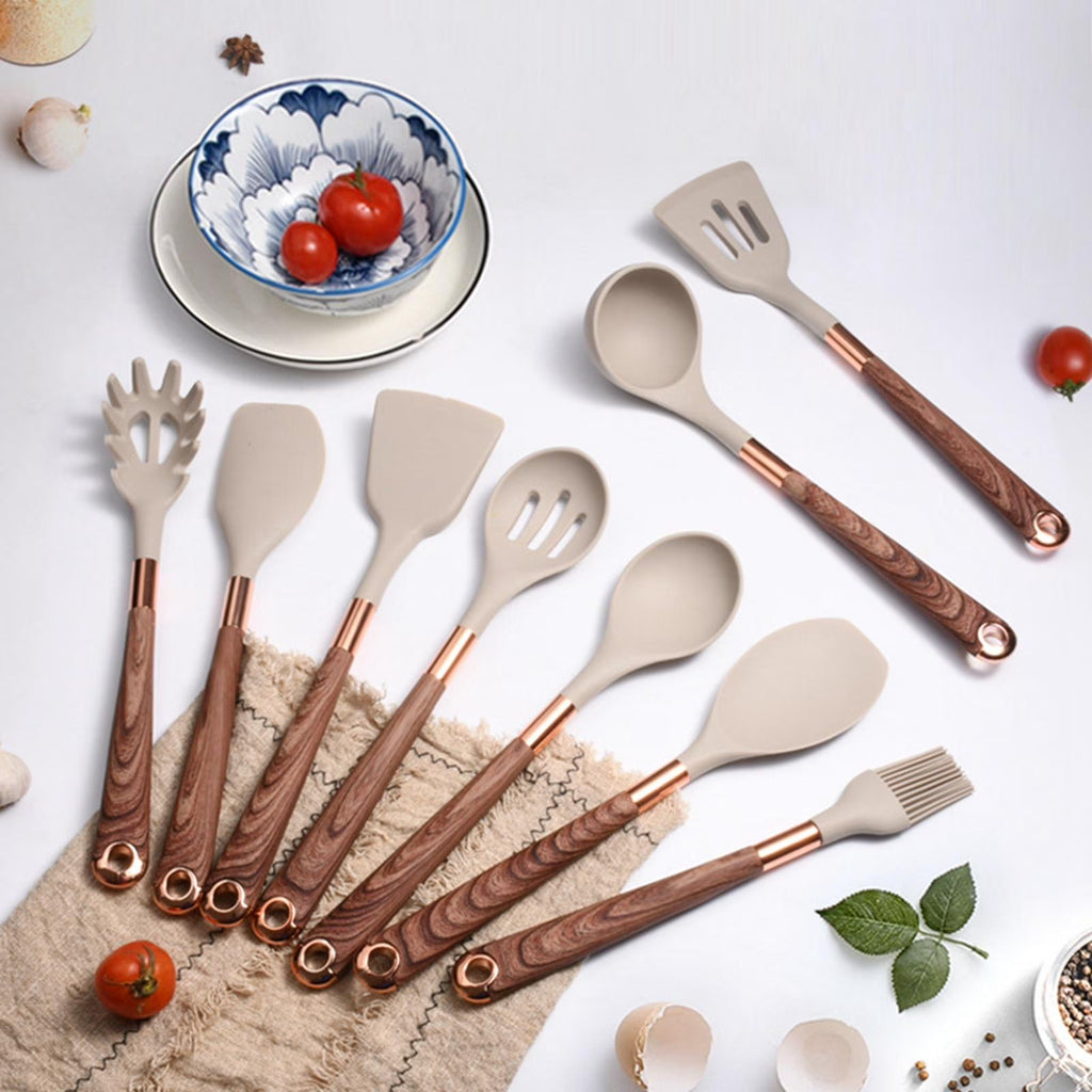 9pcs Silicone Kitchen Utensils Set with Brown Handle Q8771