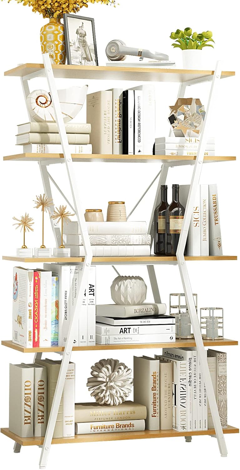 5 Tier White Wood and Metal Bookshelf W8147