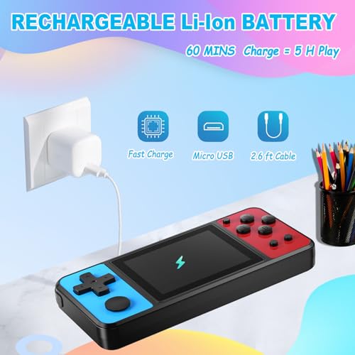 32 Bit Kids Handheld Games Preloaded 139 Video Games Portable Electronic Toys with 3.0" IPS Screen Rechargeable Battery (Blue-Red) J47408