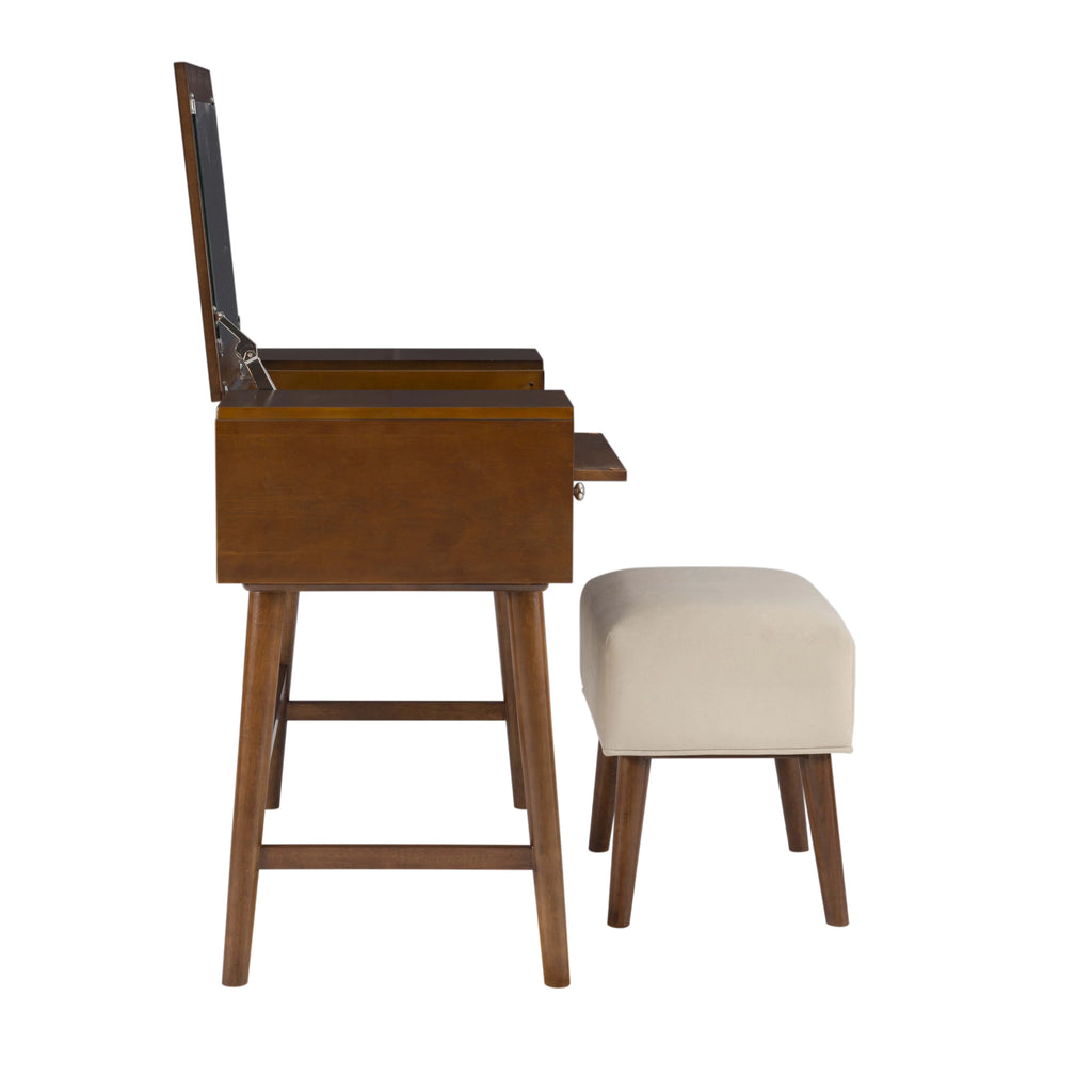 Walnut Finish 2-Piece Vanity Set with Flip-Top Mirror and Bench V17382