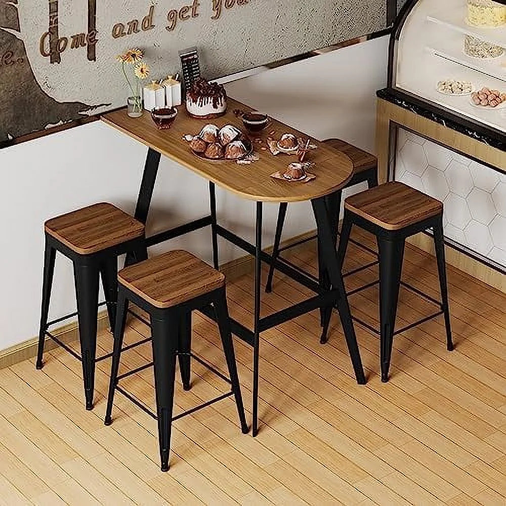 Set of 4 Metal Counter Height Stools with Back and Wooden Seat Y871