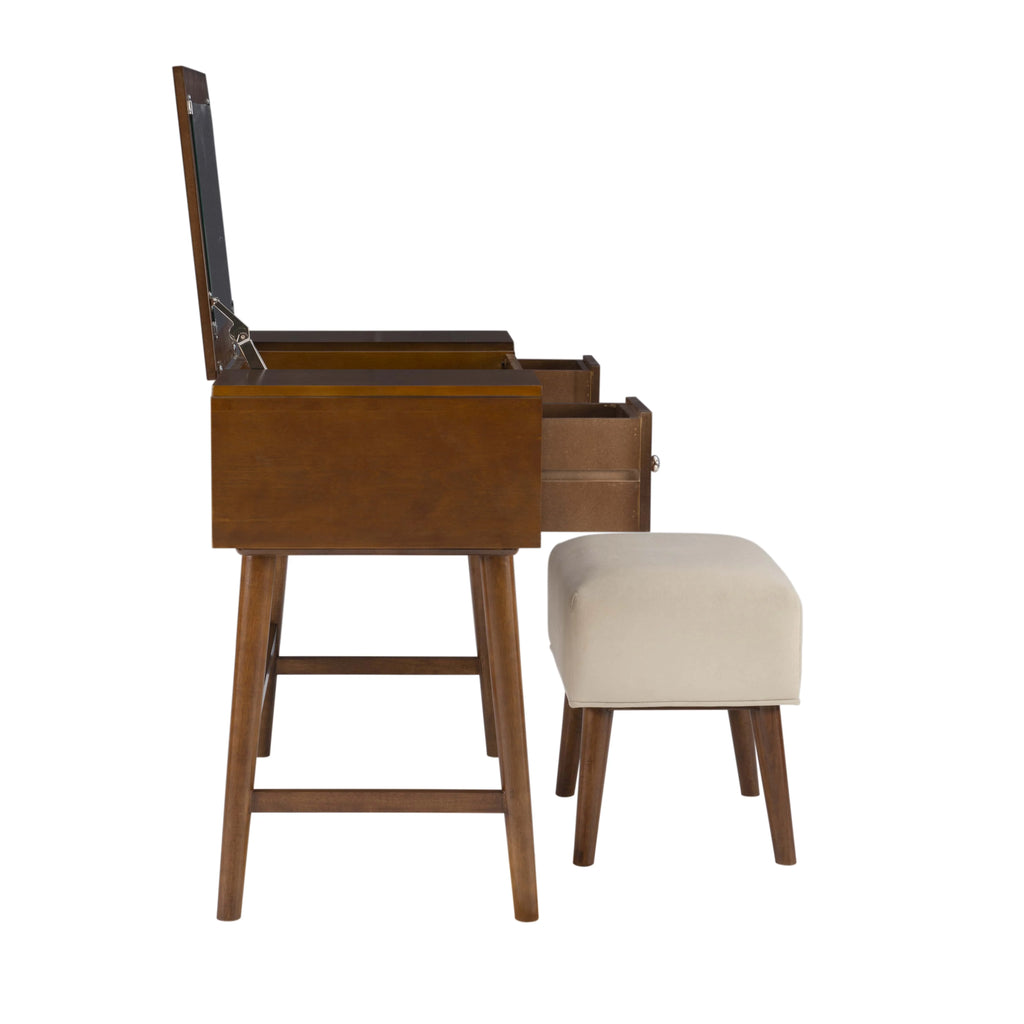 Walnut Finish 2-Piece Vanity Set with Flip-Top Mirror and Bench V17382