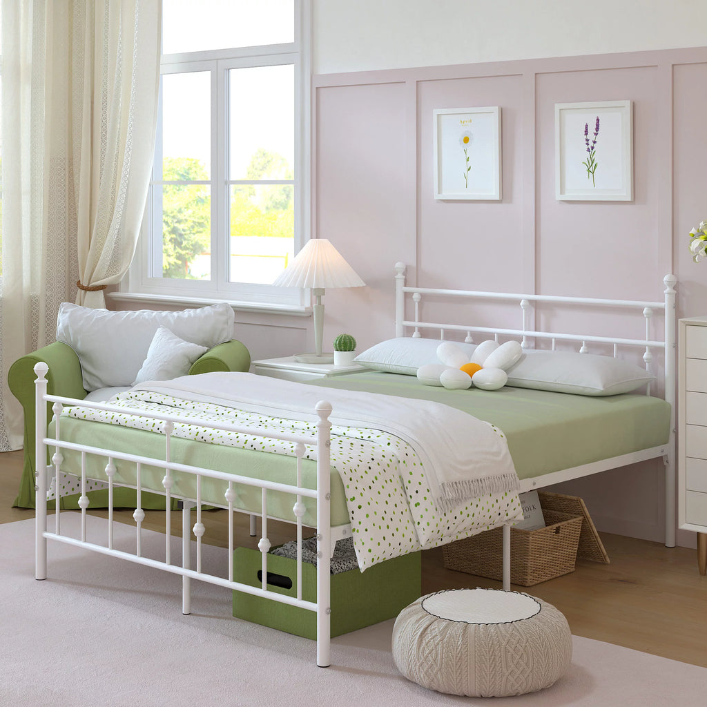 White Full Size Metal Platform Bed Frame with Headboard V146093