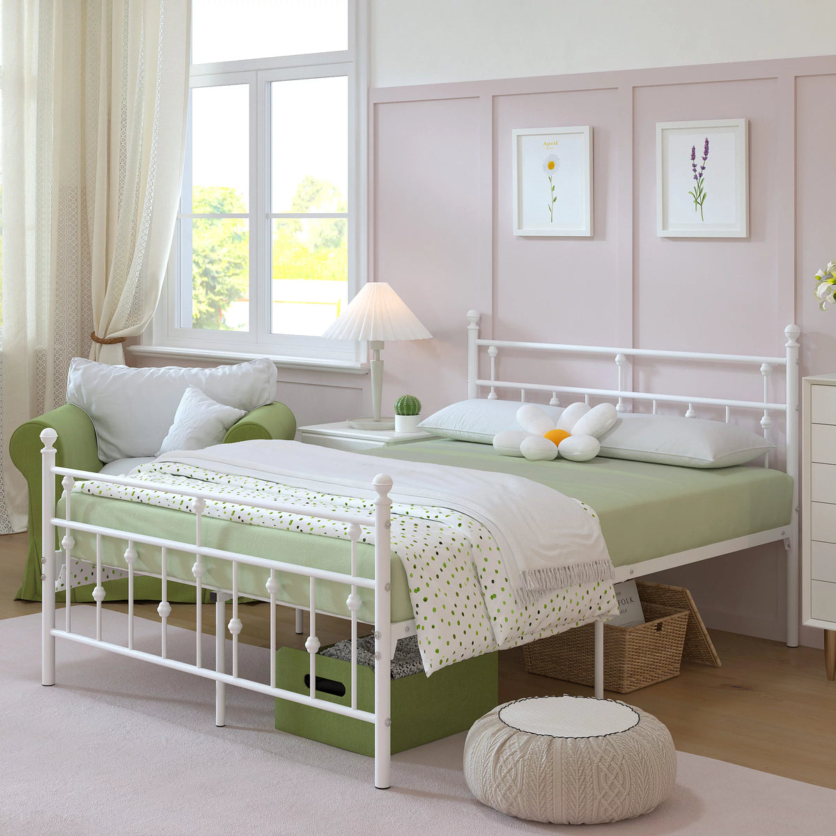White Full Size Metal Platform Bed Frame with Headboard V146093