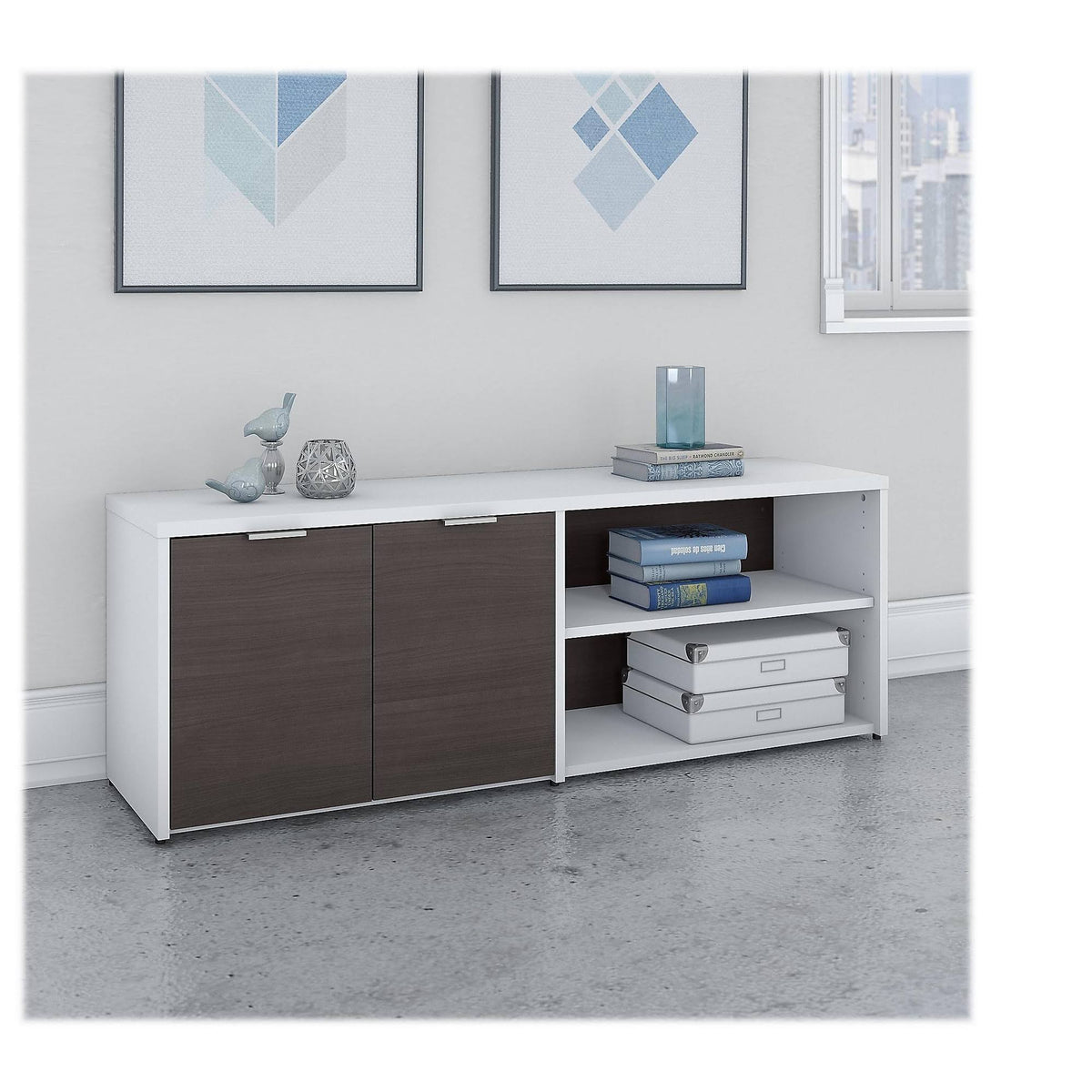 Storm Gray White Low Storage Cabinet with Doors and Shelves B140
