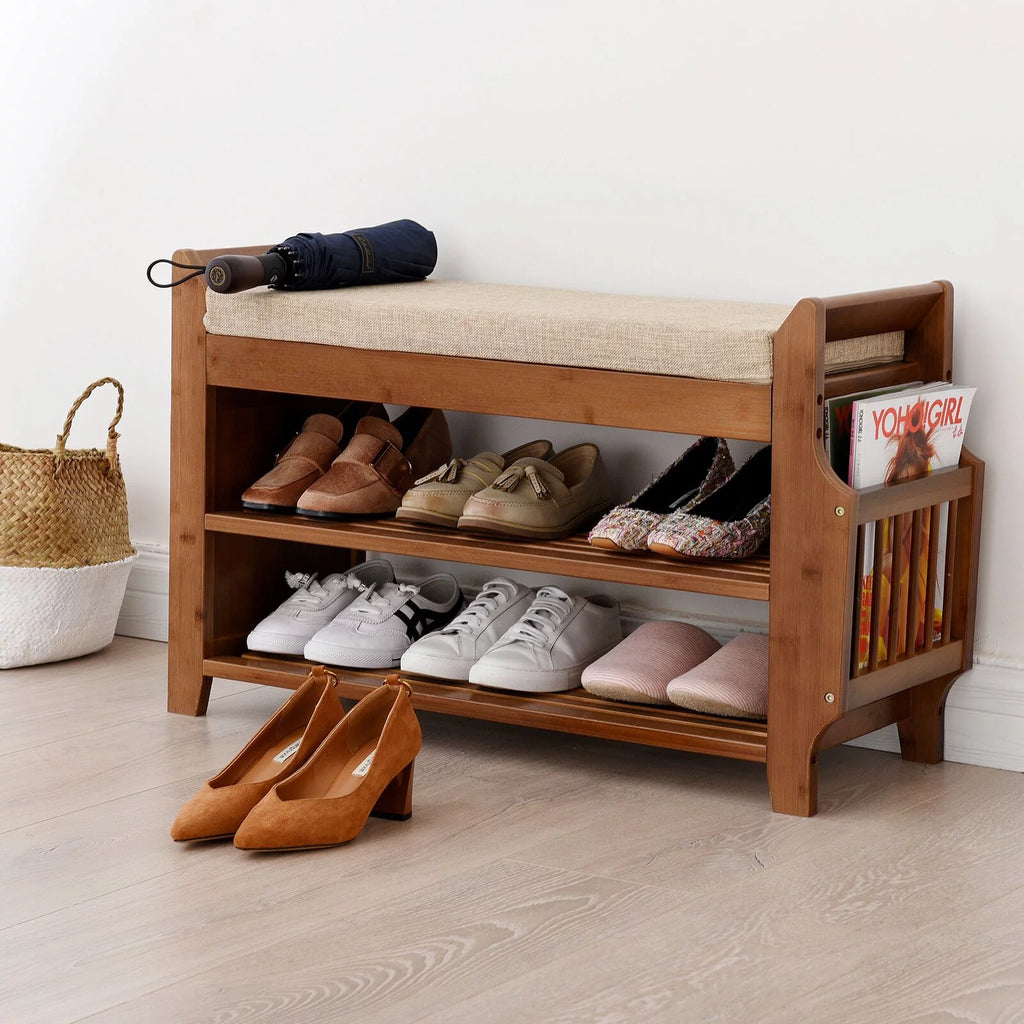 2 Tier Bamboo Shoe Rack Bench with Soft Seat U84604