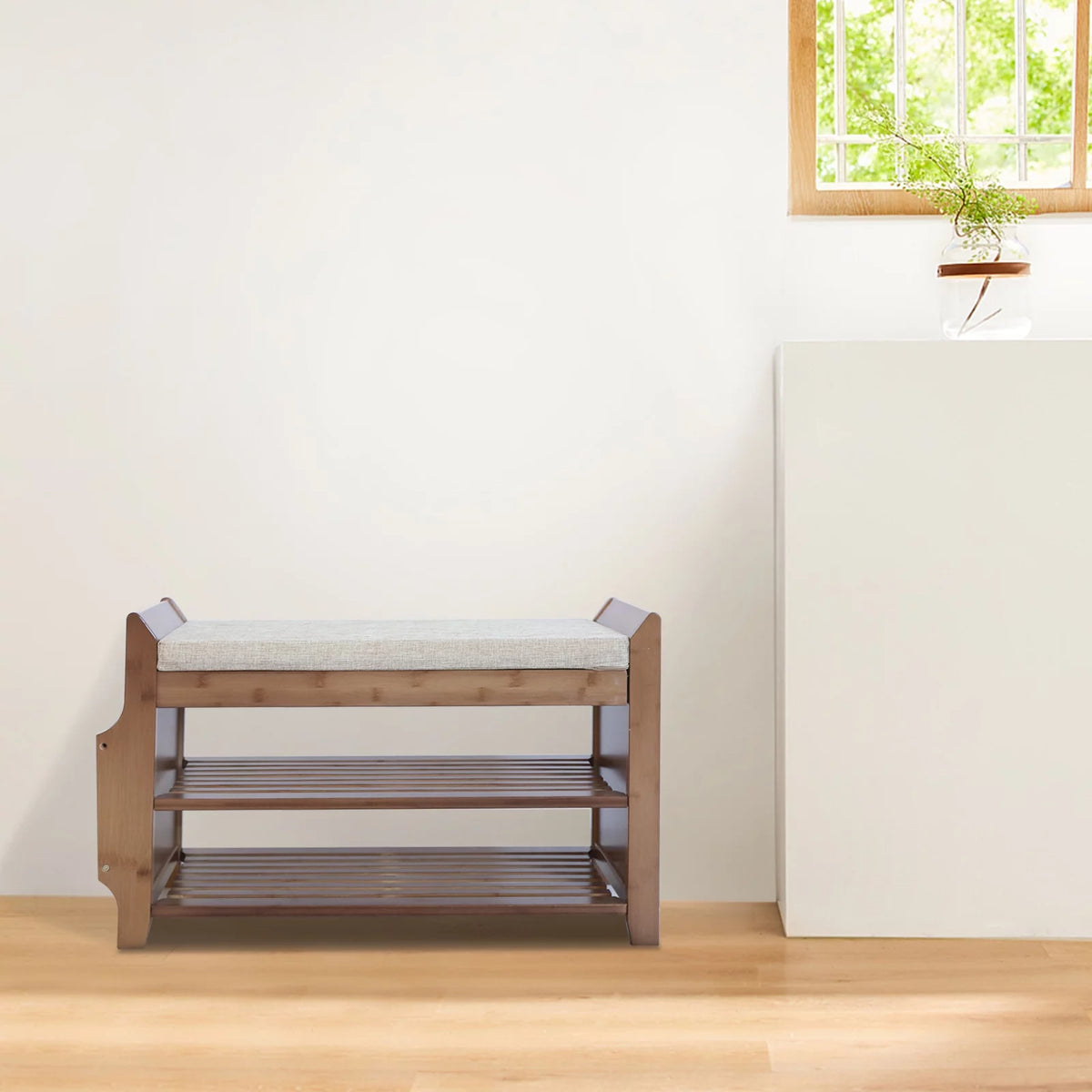 2 Tier Bamboo Shoe Rack Bench with Soft Seat U84604