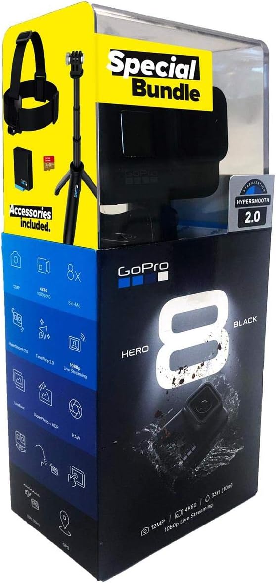 HERO8 Black Camera with Shorty, Head Strap, 32GB SD Card, 2 Rechargeable Batteries I7029