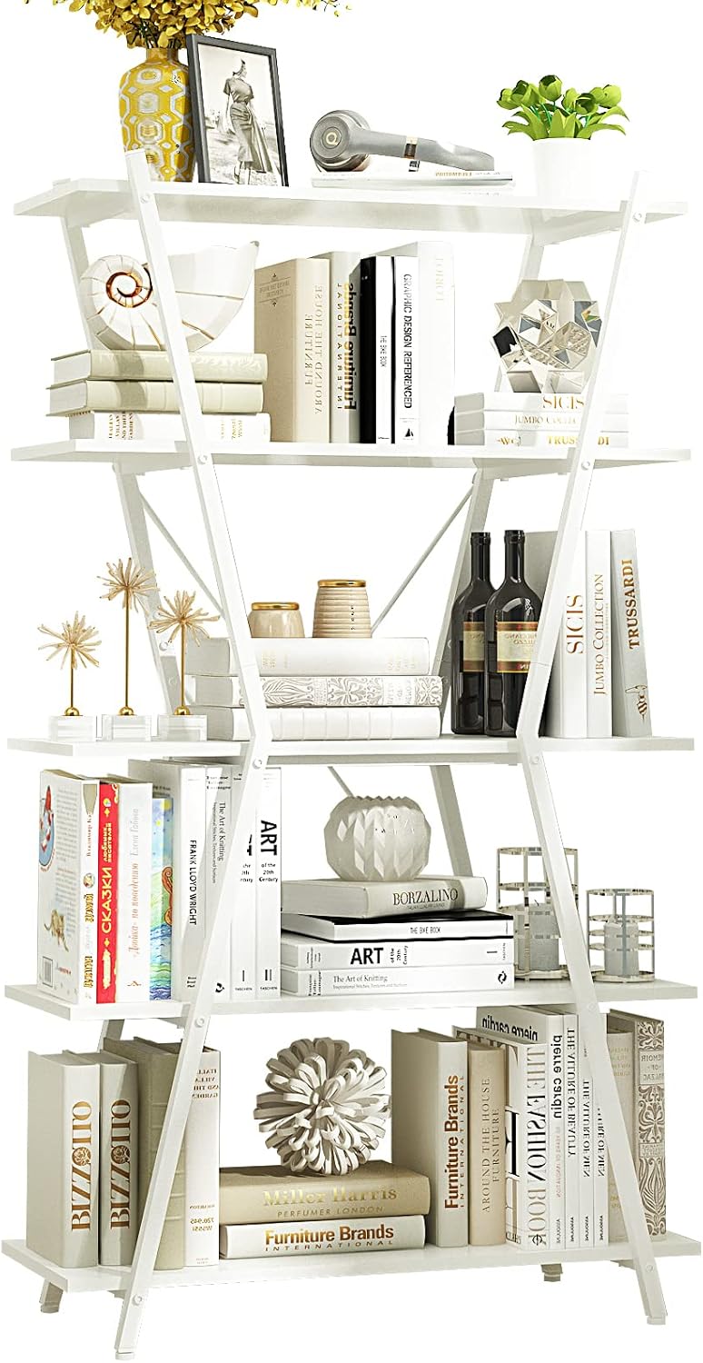 5 Tier White Wood and Metal Bookshelf W8147