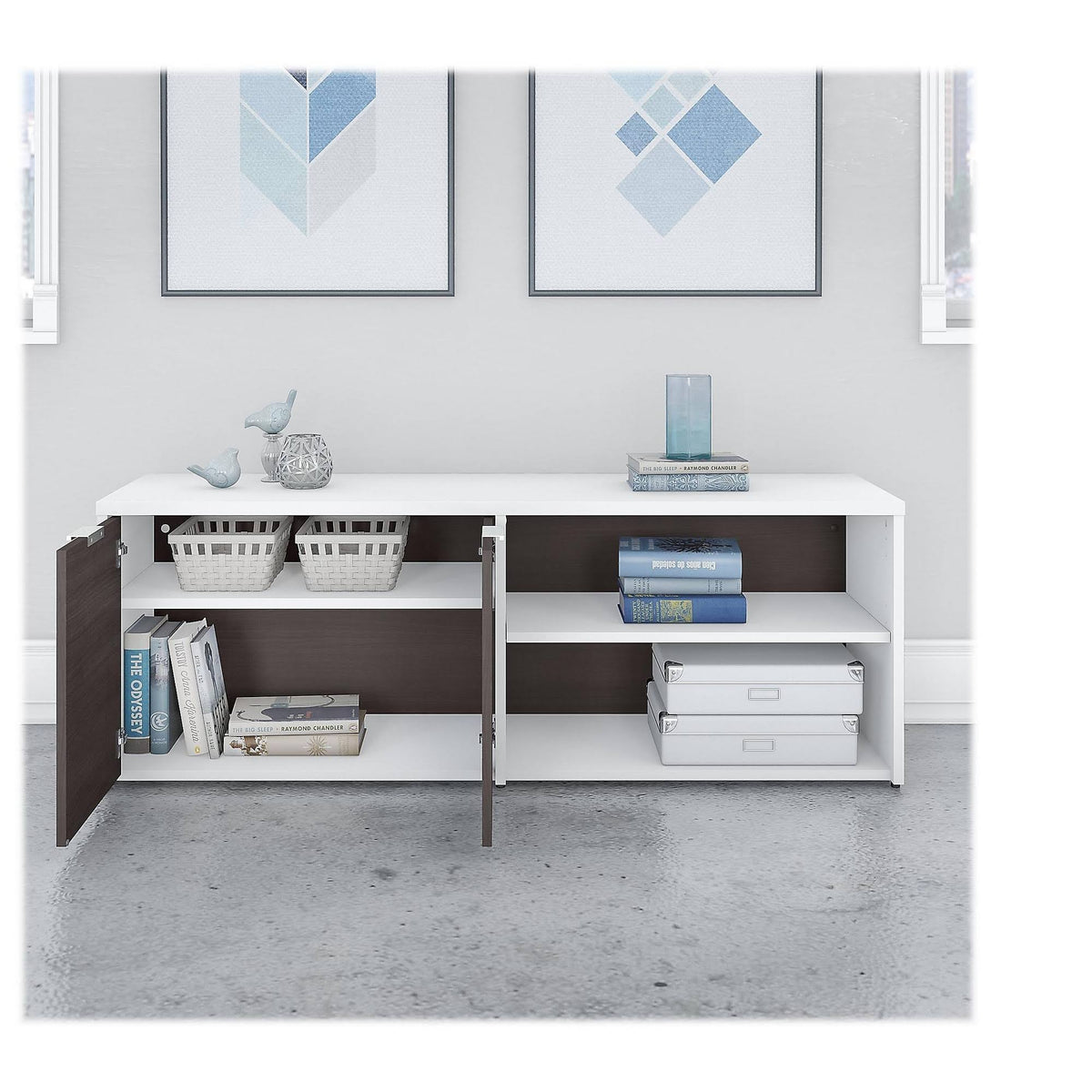 Storm Gray White Low Storage Cabinet with Doors and Shelves B140
