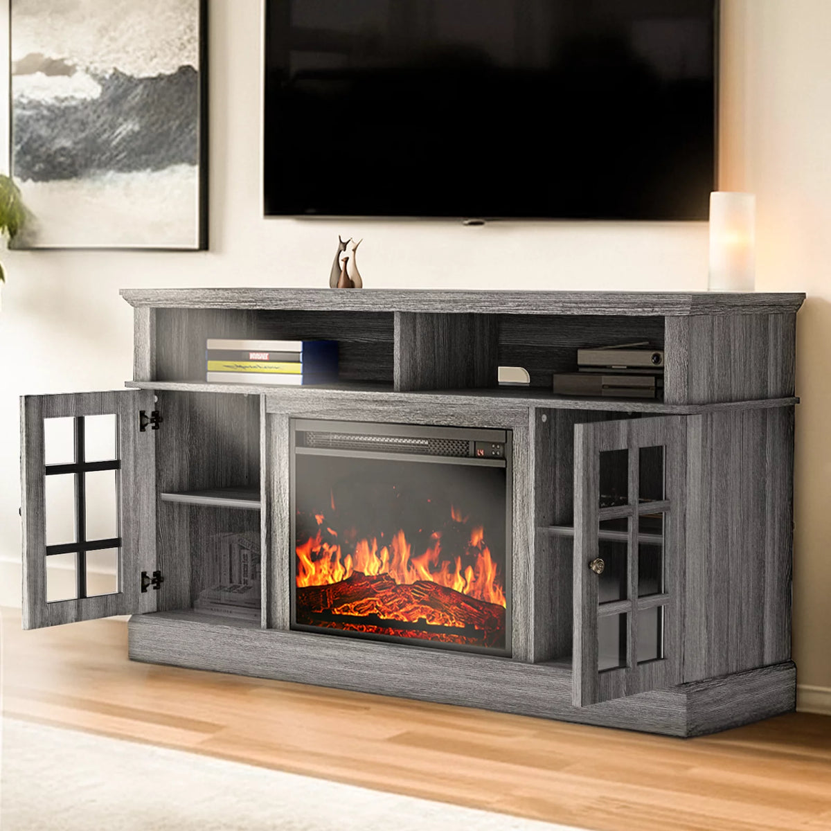 1400W Electric Fireplace TV Stand with Adjustable Shelves, Grey R16966