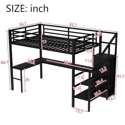 Full Size Black Metal Loft Bed with Desk and Wardrobe U342059