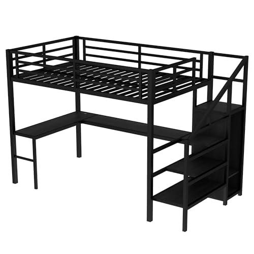 Full Size Black Metal Loft Bed with Desk and Wardrobe U342059